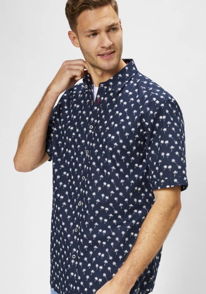 Paddocks Short Sleeve Shirt With All Over Palm Print Normale Passform - Dark Navy