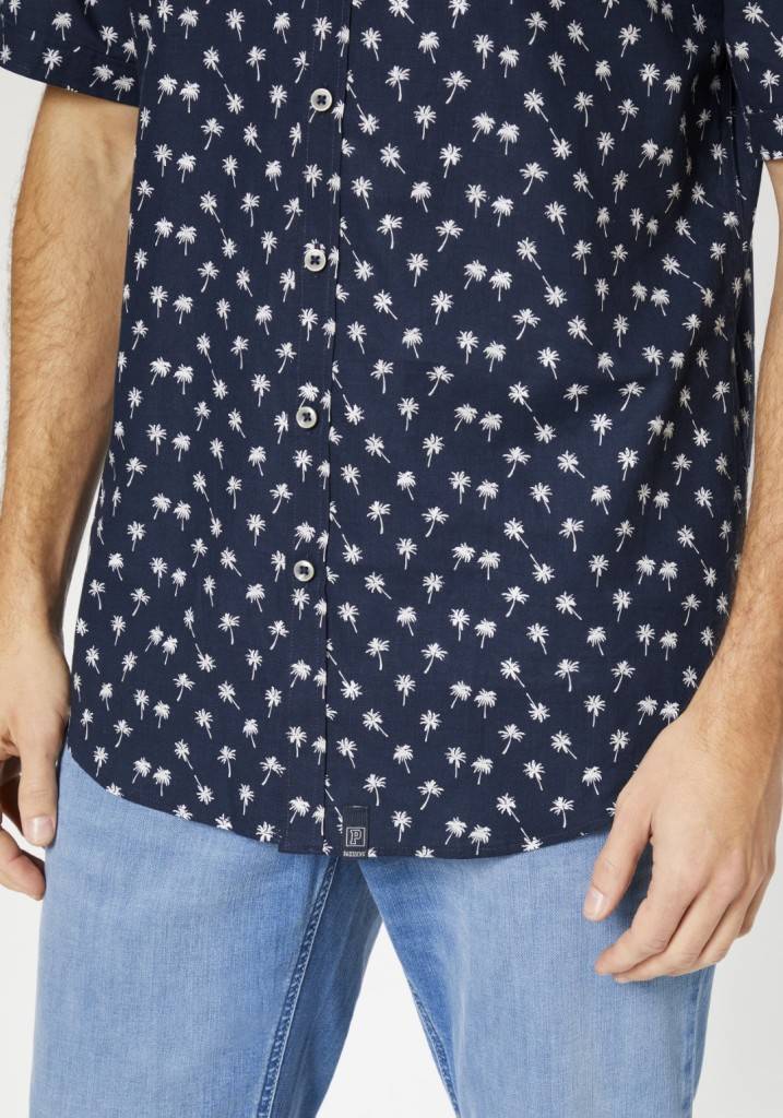 Paddocks Short Sleeve Shirt With All Over Palm Print Normale Passform - Dark Navy