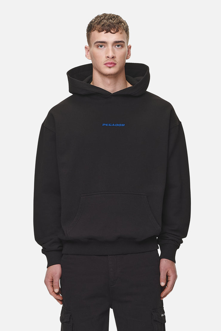 Pegador Colne Logo Oversized Hoodie Washed Black Retro Blue