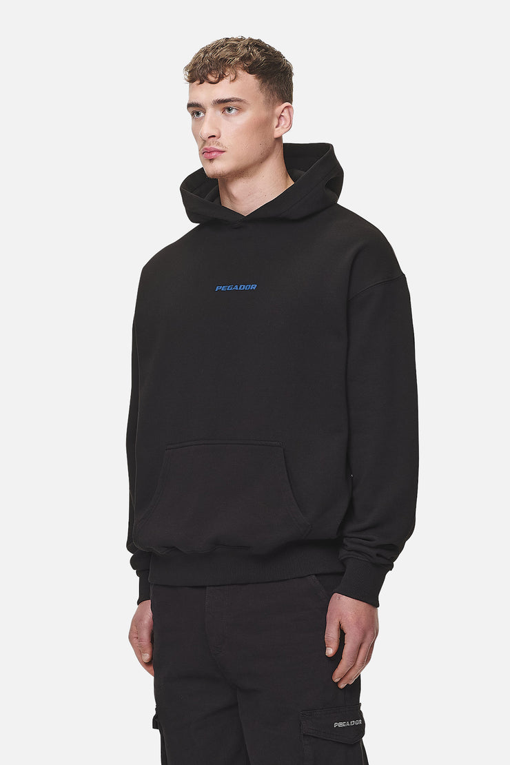 Pegador Colne Logo Oversized Hoodie Washed Black Retro Blue