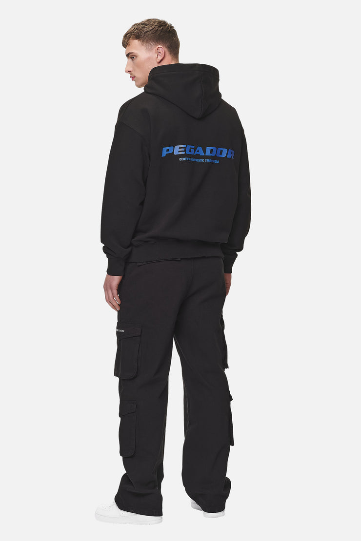 Pegador Colne Logo Oversized Hoodie Washed Black Retro Blue