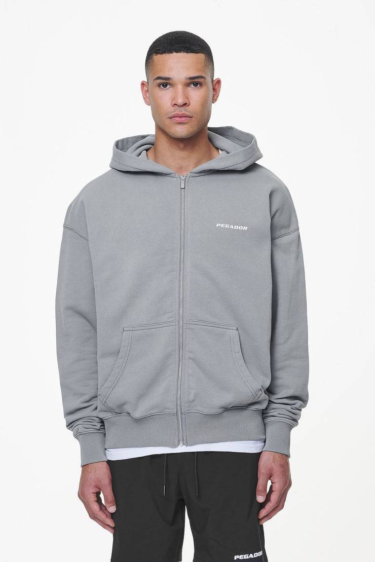 Pegador Colne Terry Logo Oversized Sweat Jacket Heavy Washed Cool Grey
