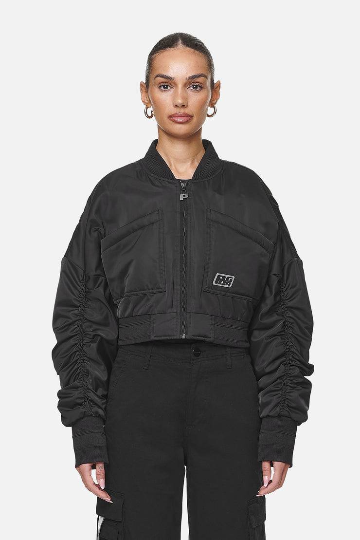 Pegador Laura Cropped Ruffed Oversized Jacket Black