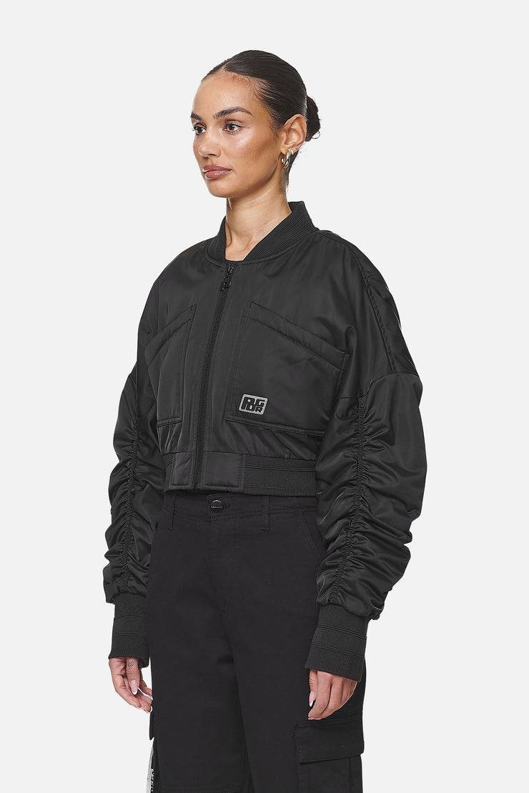 Pegador Laura Cropped Ruffed Oversized Jacket Black