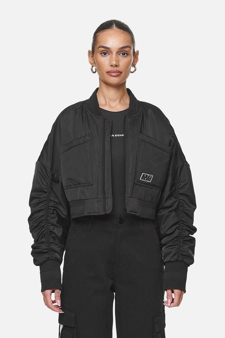 Pegador Laura Cropped Ruffed Oversized Jacket Black