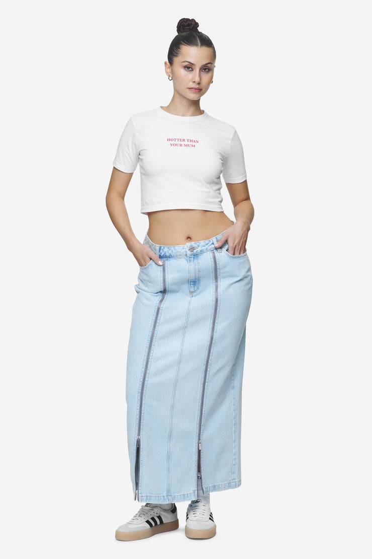 Pegador Aya Denim Midi Zip Skirt Washed Light Blue