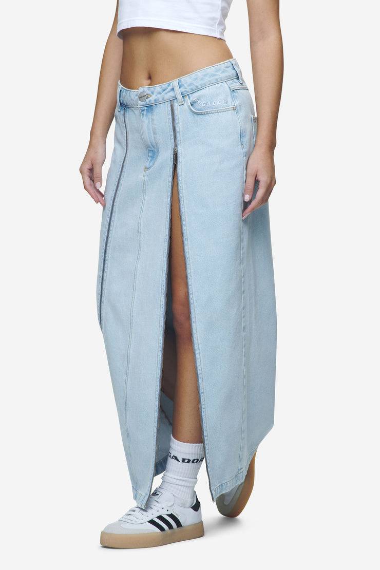 Pegador Aya Denim Midi Zip Skirt Washed Light Blue