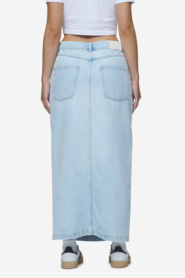 Pegador Aya Denim Midi Zip Skirt Washed Light Blue