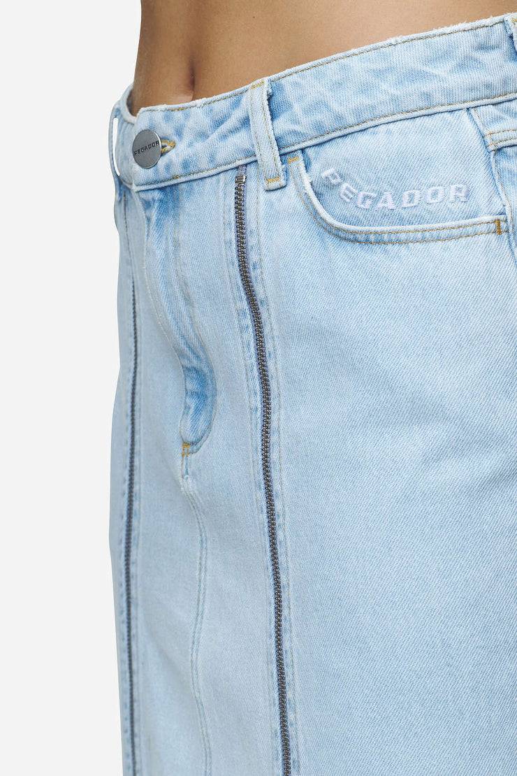 Pegador Aya Denim Midi Zip Skirt Washed Light Blue
