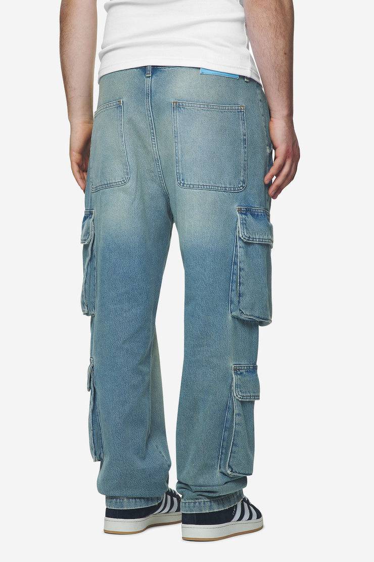 Pegador Romain Wide Denim Cargo Pants Washed Vintage Blue