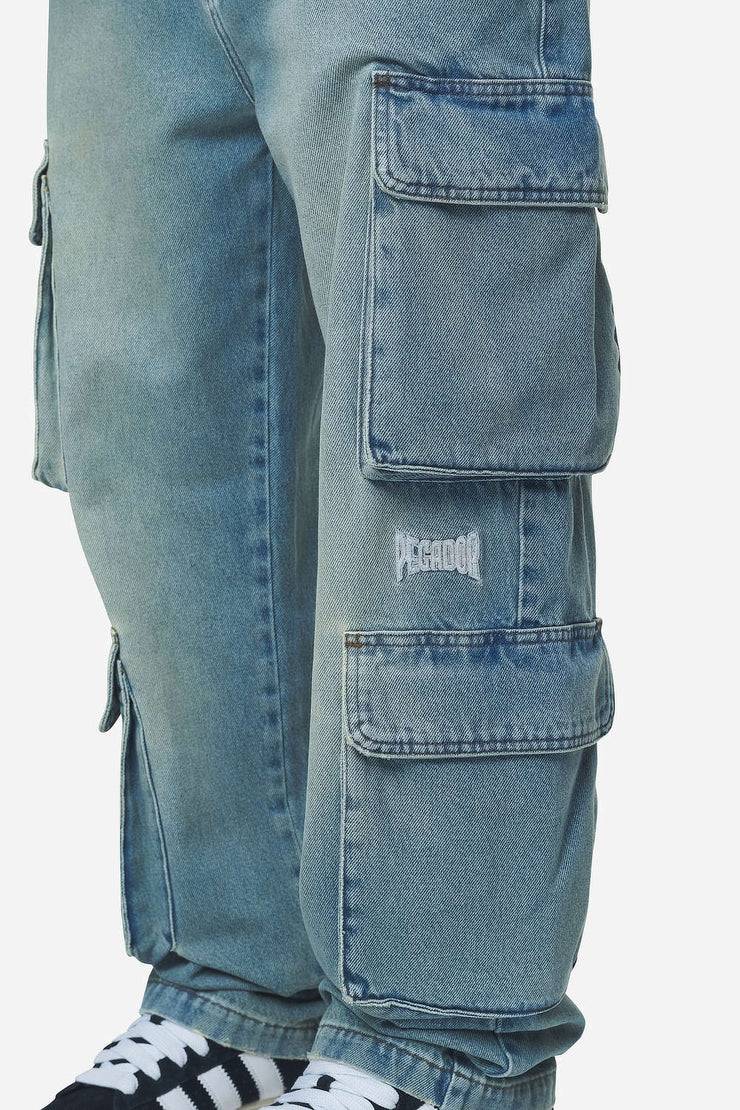 Pegador Romain Wide Denim Cargo Pants Washed Vintage Blue
