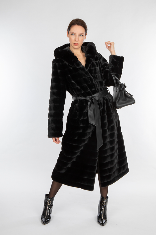 Petite M. Langer Kunstpelz Mantel Mit Kapuze In Schwarz