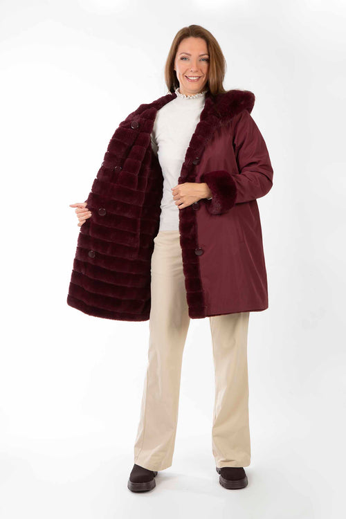 Petite M. Wendemantel Mit Kapuze In Kunstfell Und Microfaser, Farbe Weinrot