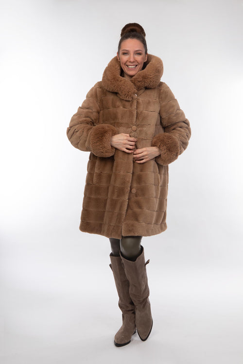 Petite M. Wendemantel Mit Kapuze In Kunstfell Und Microfaser, Farbe Camel