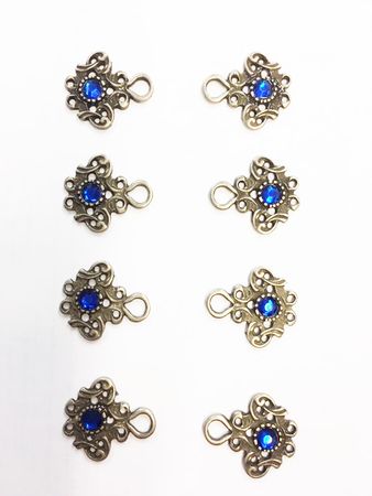 Pezzo D'oro 8 Dirndlhaken in altsilber geschlossen, Miederhaken, Metall, blauer Strassstein