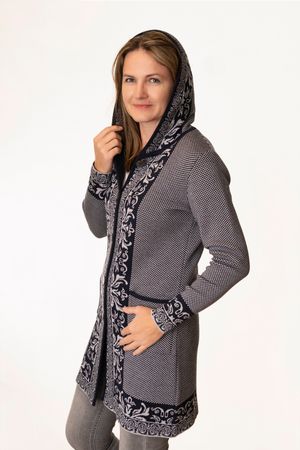 Pezzo D'oro Art En Laine Strickmantel,Gehrock Mit Kapuze,Merinowolle,made In Bayern,marine/grau