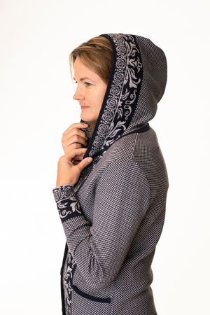 Pezzo D'oro Art En Laine Strickmantel,Gehrock Mit Kapuze,Merinowolle,made In Bayern,marine/grau