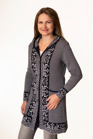 Pezzo D'oro Art en Laine Strickmantel,Gehrock mit Kapuze,Merinowolle,made in Bayern,marine/grau