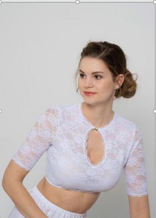 Pezzo D'oro Damenspitzenbluse mit Tropfenausschnitt, Retro Look, Halbarm, Farbe weiß