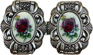 Pezzo D'oro Dirndlschließe Rosenmotiv Rot,Schürzenschließe,antiksilber