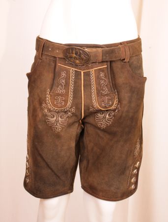 Pezzo D'oro Herren Lederhose mit Gürtel, kurz braun antikfinish Ziegenvelourleder