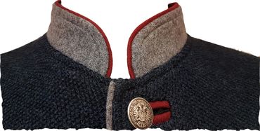 Pezzo D'oro Herren Trachtenstrickjacke Blaumelange Mit Grauem Loden Abesetzt, Roter Paspel