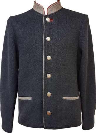 Pezzo D'oro Herren Trachtenstrickjacke blaumelange mit grauem Loden abesetzt, roter Paspel