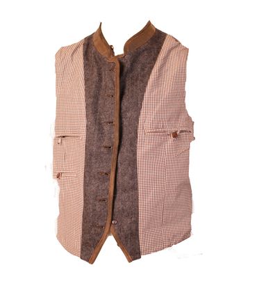 Pezzo D'oro Herren Trachtenweste Tweed Hellgrau/dunkelgrau Lederkragen/Paspel, Karofutter