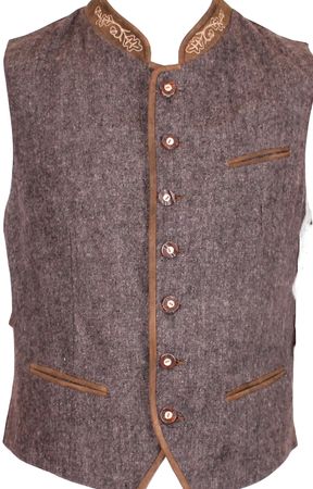 Pezzo D'oro Herren Trachtenweste Tweed hellgrau/dunkelgrau Lederkragen/Paspel, Karofutter