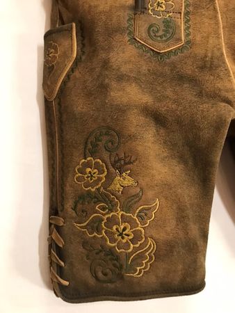 Pezzo D'oro Herrentrachtenlederhose Kurz,braun Antik Finish,beige/grün Bestickt,Größe 50