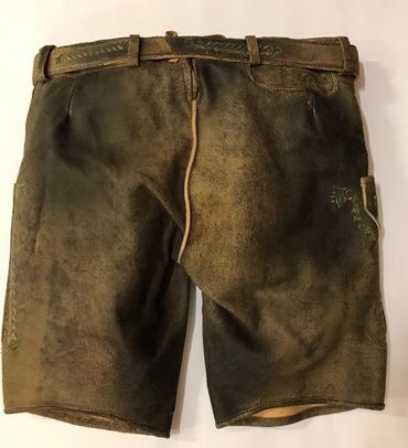 Pezzo D'oro Herrentrachtenlederhose Kurz,braun Antik Finish,beige/grün Bestickt,Größe 50