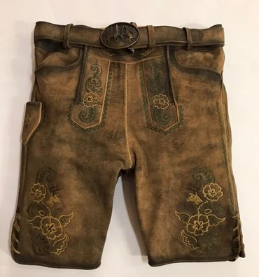 Pezzo D'oro Herrentrachtenlederhose kurz,braun antik finish,beige/grün bestickt,Größe 50