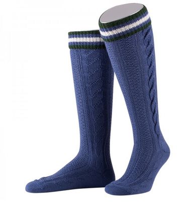 Pezzo D'oro Kniestrumpf Mit Zwei Handgezogenen Zöpfen Und Ringel In Stahlblau/tanne/natur