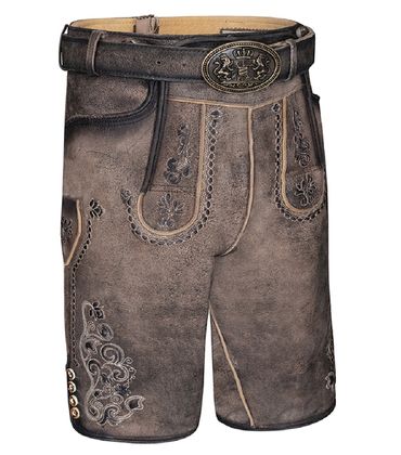 Pezzo D'oro Lederhose kurz, traditioneller Stil, braun/dunkelbraun, Ledergürtel, used Optik