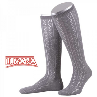 Pezzo D'oro Lusana Damen Trachtenkniestrumpf Ajourmuster Farbe mittelgrau L390L-03