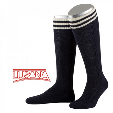 Pezzo D'oro Lusana Trachten-Kniestrümpfe marine, Umschlag mit wollweiß abgesetzt