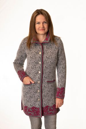 Pezzo D'oro Pezzo D'oro Damenstrickmantel,Grautöne Mit Dunkelpinken Akzenten, Nachhaltig Produziert,made In Bayern, Merinowolle