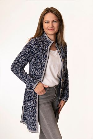 Pezzo D'oro Strickmantel marine/hellgrau,Gehrock, reine Merinowolle, nachhaltig in Bayern produziert