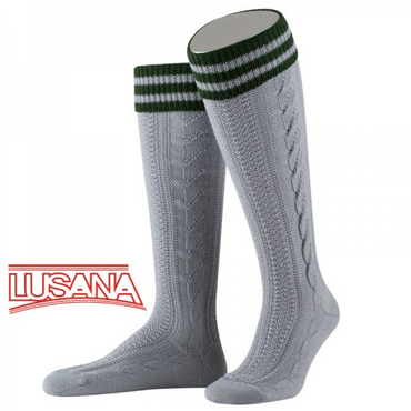 Pezzo D'oro Trachten-Kniestrümpfe Für Herren Von Lusana In Hellgrau Mit Dunkelgrün. Lusana Trachten-Kniestrümpfe L8995R Grau, Umschlag Mit Grün Abgesetzt,