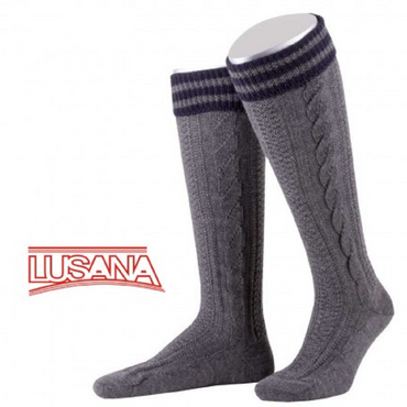 Pezzo D'oro Trachten-Kniestrümpfe für Herren von Lusana in marine mit dunkelgrau Lusana Trachten-Kniestrümpfe L8995R grau, Umschlag mit grün abgesetzt,