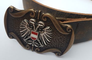 Pezzo D'oro Trachtengürtel Österreichwappen, Handgefertigt In Bayern, Antikleder Dunkelbraun
