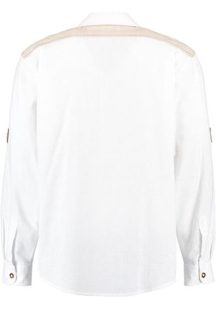 Pezzo D'oro Trachtenhemd Herren, Weiß Mit Traditioneller Stickerei, Leinenoptik, Pattentasche, Leinenbesatz, Langarm