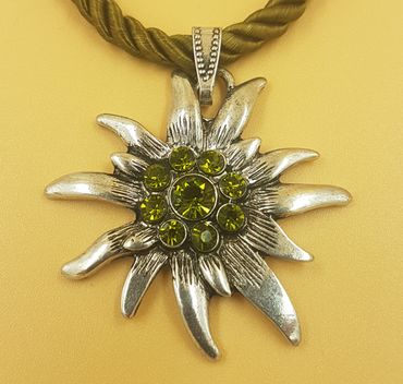 Pezzo D'oro Trachtenkette Edelweiß Altsilber,grünes Kordelband Und Glitzersteine