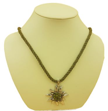 Pezzo D'oro Trachtenkette Edelweiß altsilber,grünes Kordelband und Glitzersteine