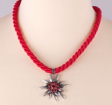 Pezzo D'oro Trachtenkette Kordelband rot ,Edelweißanhänger altsilber, rote Straßsteine