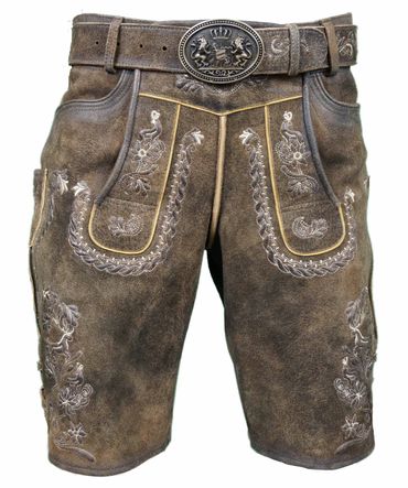Pezzo D'oro Trachtenlederhose kurz, mit Gürtel Bayernwappen, antikfarben braun Wildbock