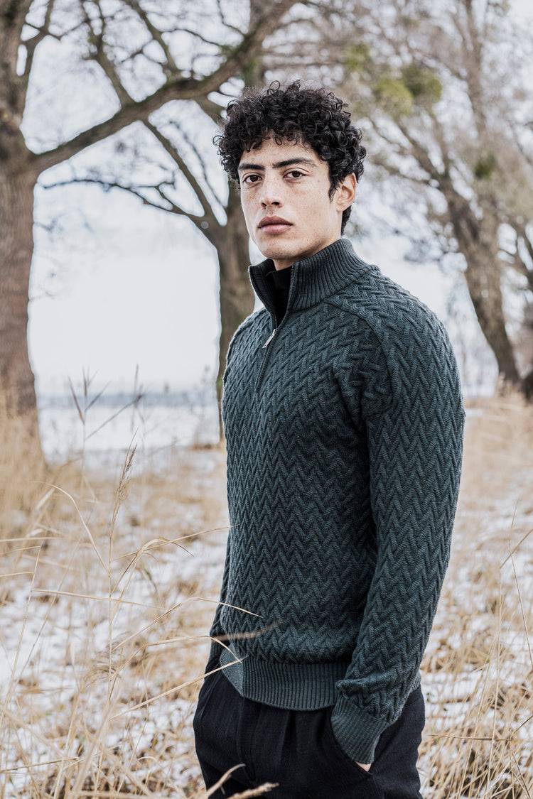 Phil Petter Zipptroyer Aus Merinowolle, Zopf-Strick, Relaxed Fit