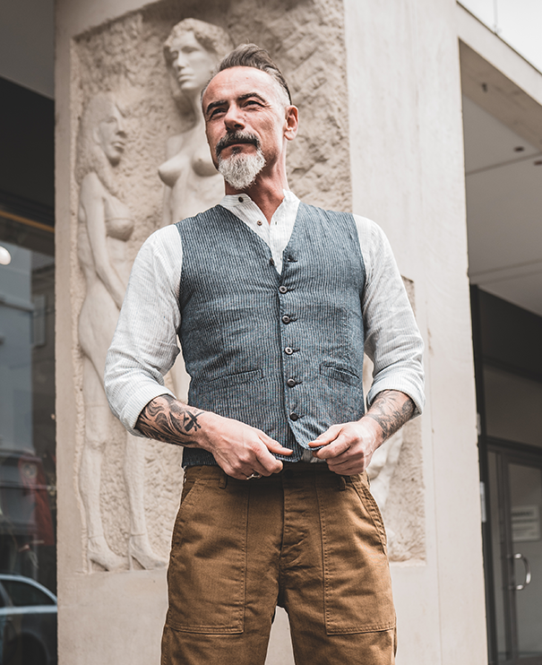 Pike Brothers 1905 Hauler Vest grey striped linen