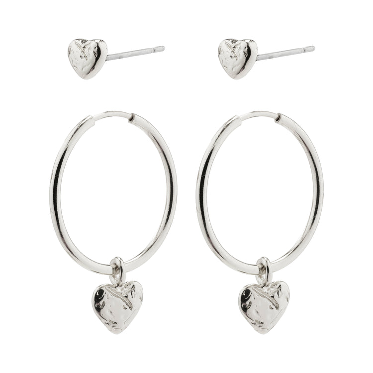 Pilgrim JAYLA recycelte Ohrringe mit Herz, 2-in-1-Set, versilbert