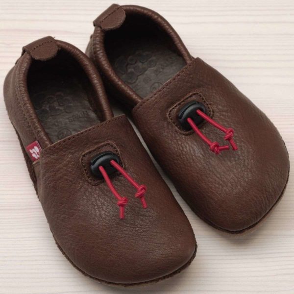 Pololo Barfußhausschuh Leder Dunkelbraun mit Kordelstopper